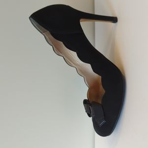 L.K. Bennett size 38 black suede pump with bow accent and scallop edge